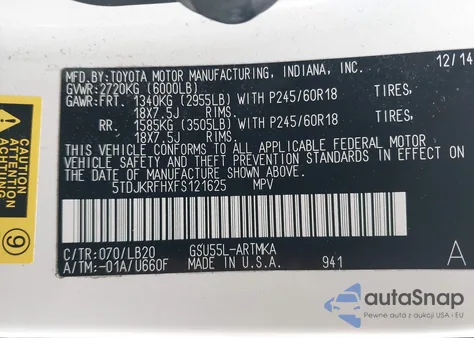 2015 Toyota Highlander Xle V6 from USA, damaged, VIN 5TDJKRFHXFS121625